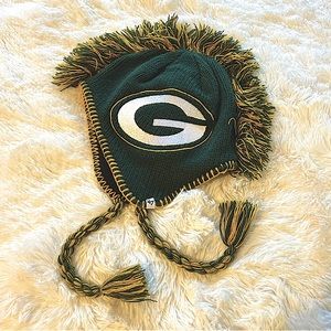 NFL Green Bay Packers Lined Knit Winter Hat Mohawk & Tassels Green & Gold
